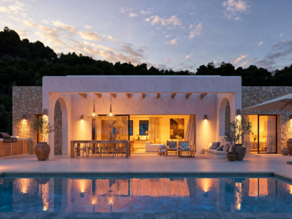 OFF7120PED Nieuwbouwwilla in Ibiza-stijl met panoramisch uitzicht op de bergen, te koop in Pedreguer