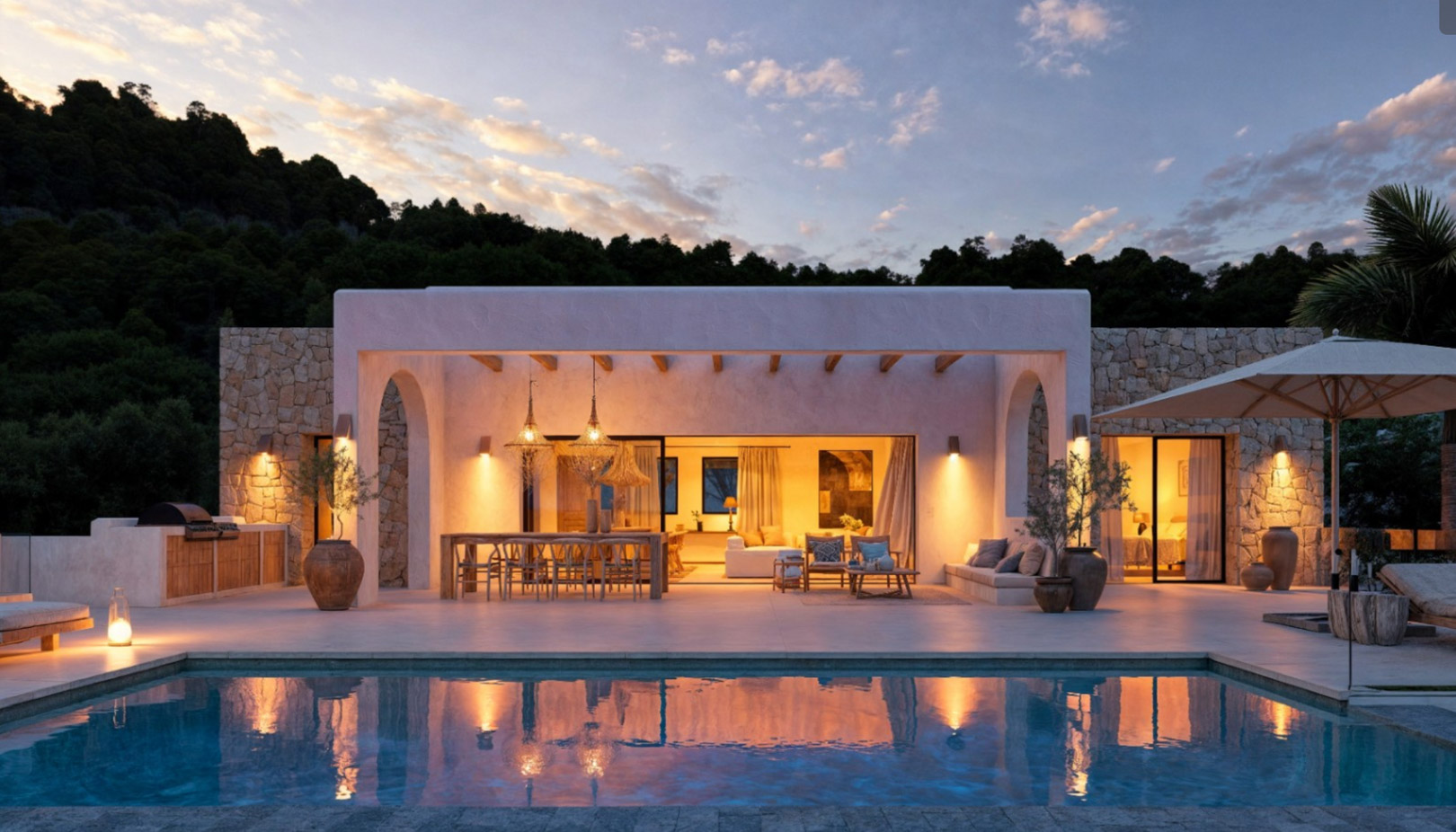 OFF7120PED Nieuwbouwwilla in Ibiza-stijl met panoramisch uitzicht op de bergen, te koop in Pedreguer