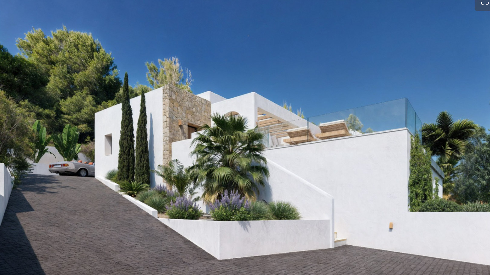OFF7120PED Nieuwbouwwilla in Ibiza-stijl met panoramisch uitzicht op de bergen, te koop in Pedreguer