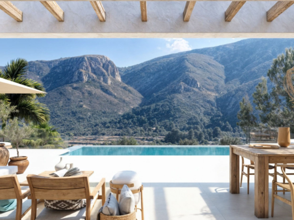 OFF7120PED Nieuwbouwwilla in Ibiza-stijl met panoramisch uitzicht op de bergen, te koop in Pedreguer
