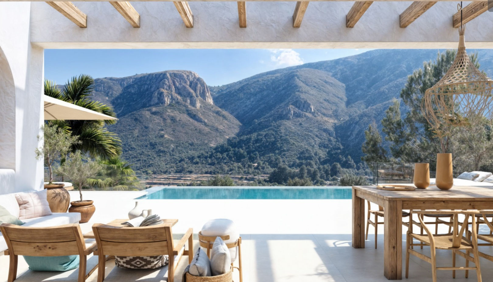 OFF7120PED Nieuwbouwwilla in Ibiza-stijl met panoramisch uitzicht op de bergen, te koop in Pedreguer